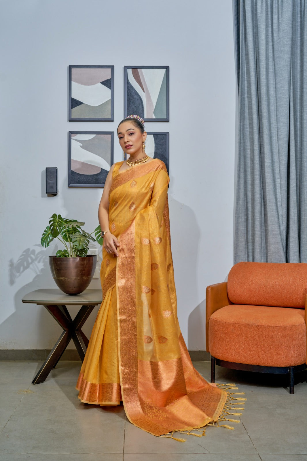 Soft Tissue Silk Saree With Copper and Gold and Silver Zari Work