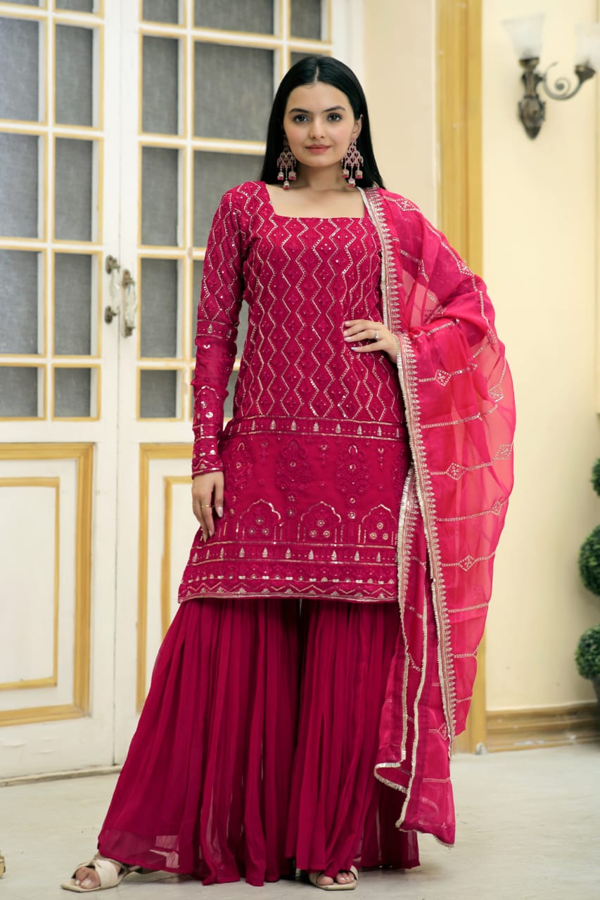 Faux Georgette Sequence Thread Work Sharara Dupptta