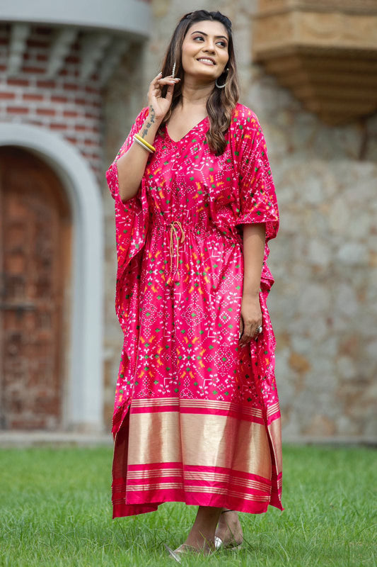 Gaji Silk Kaftan With Patola and Floral Print