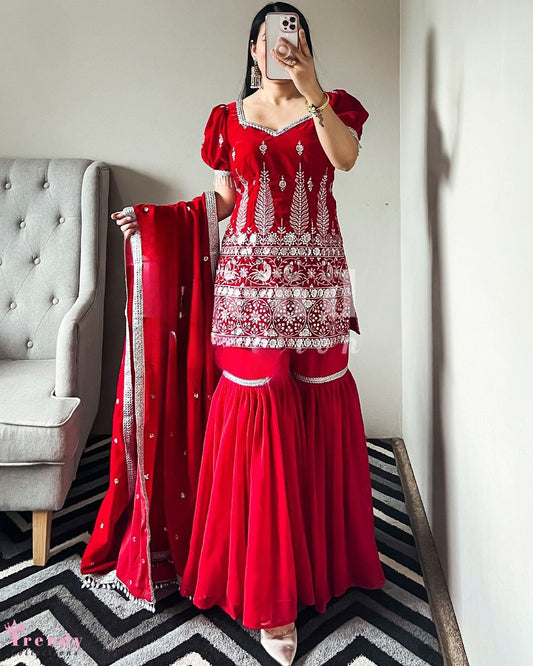 Red New Designer Partywear Sharara Plazo and Duppatta Set