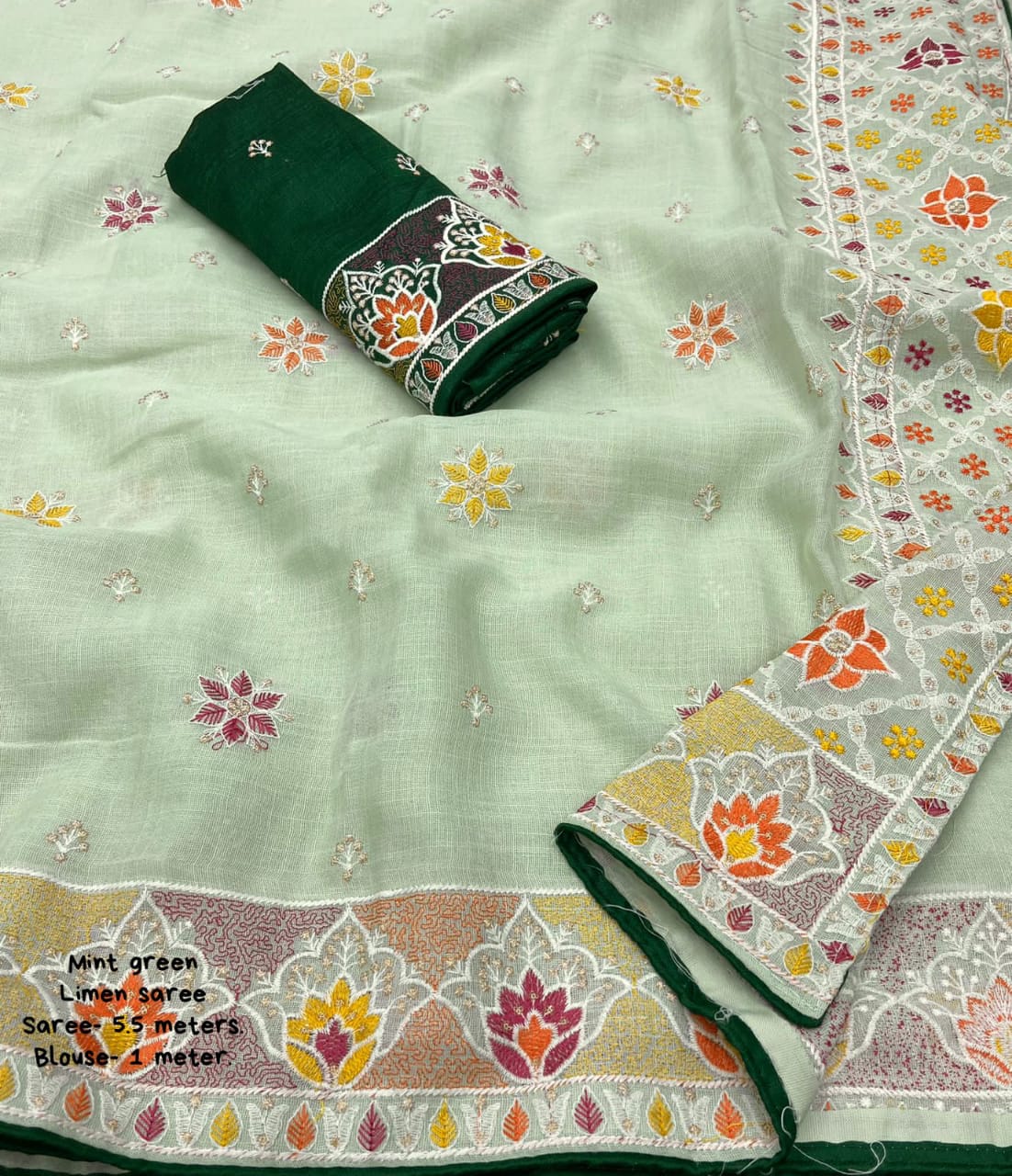 Soft Linen Saree With White and Multi Thread Embroidery Work