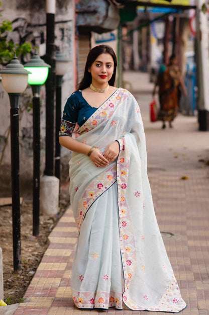 Soft Linen Saree With White and Multi Thread Embroidery Work