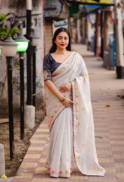 Soft Linen Saree With White and Multi Thread Embroidery Work