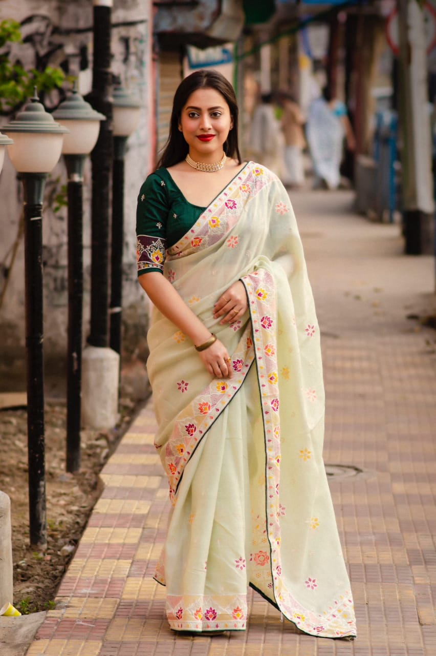 Soft Linen Saree With White and Multi Thread Embroidery Work