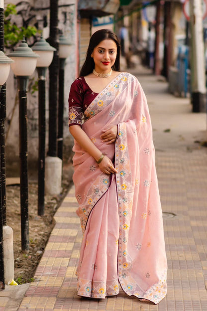 Soft Linen Saree With White and Multi Thread Embroidery Work