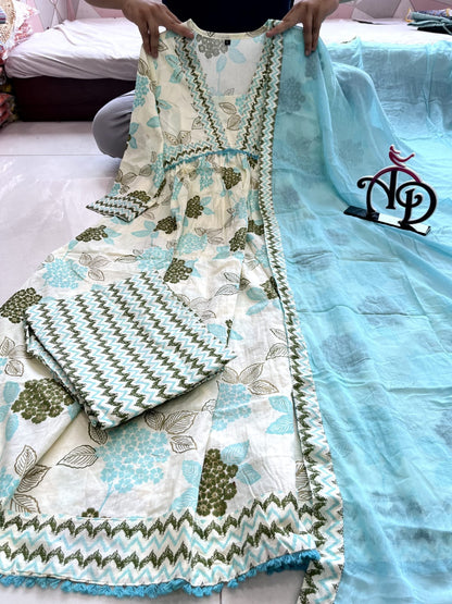 Anarkali Style Cotton Suit Set With Floral Print