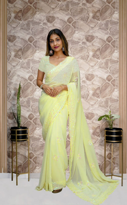 Soft Georgette Embroidery Sequence Work With C Pallu