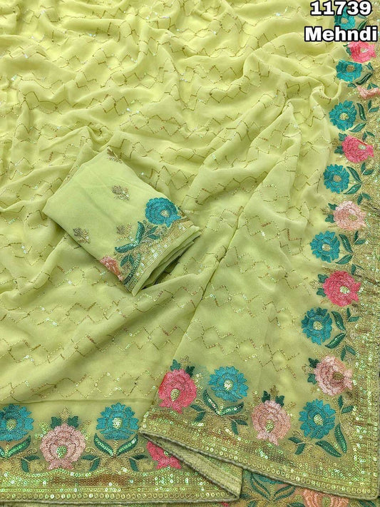 Soft Chiffon Saree With Sequence Embroidery Work