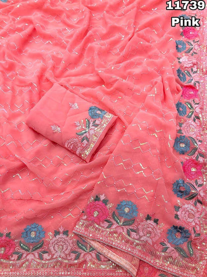 Soft Chiffon Saree With Sequence Embroidery Work