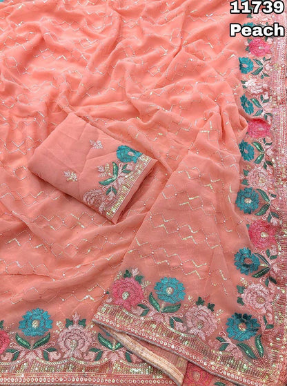 Soft Chiffon Saree With Sequence Embroidery Work