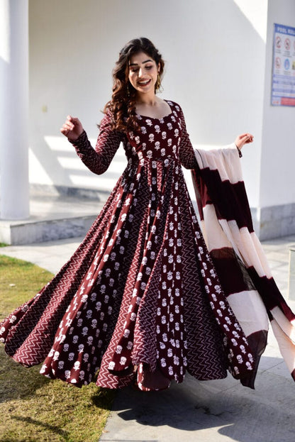 Long Anarkali Printed Gown With Quarter Sleeves
