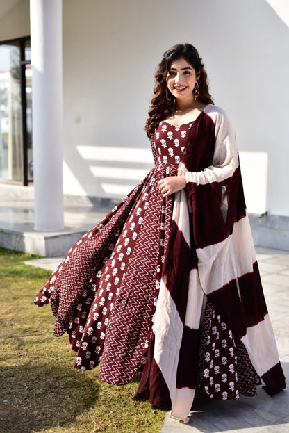 Long Anarkali Printed Gown With Quarter Sleeves