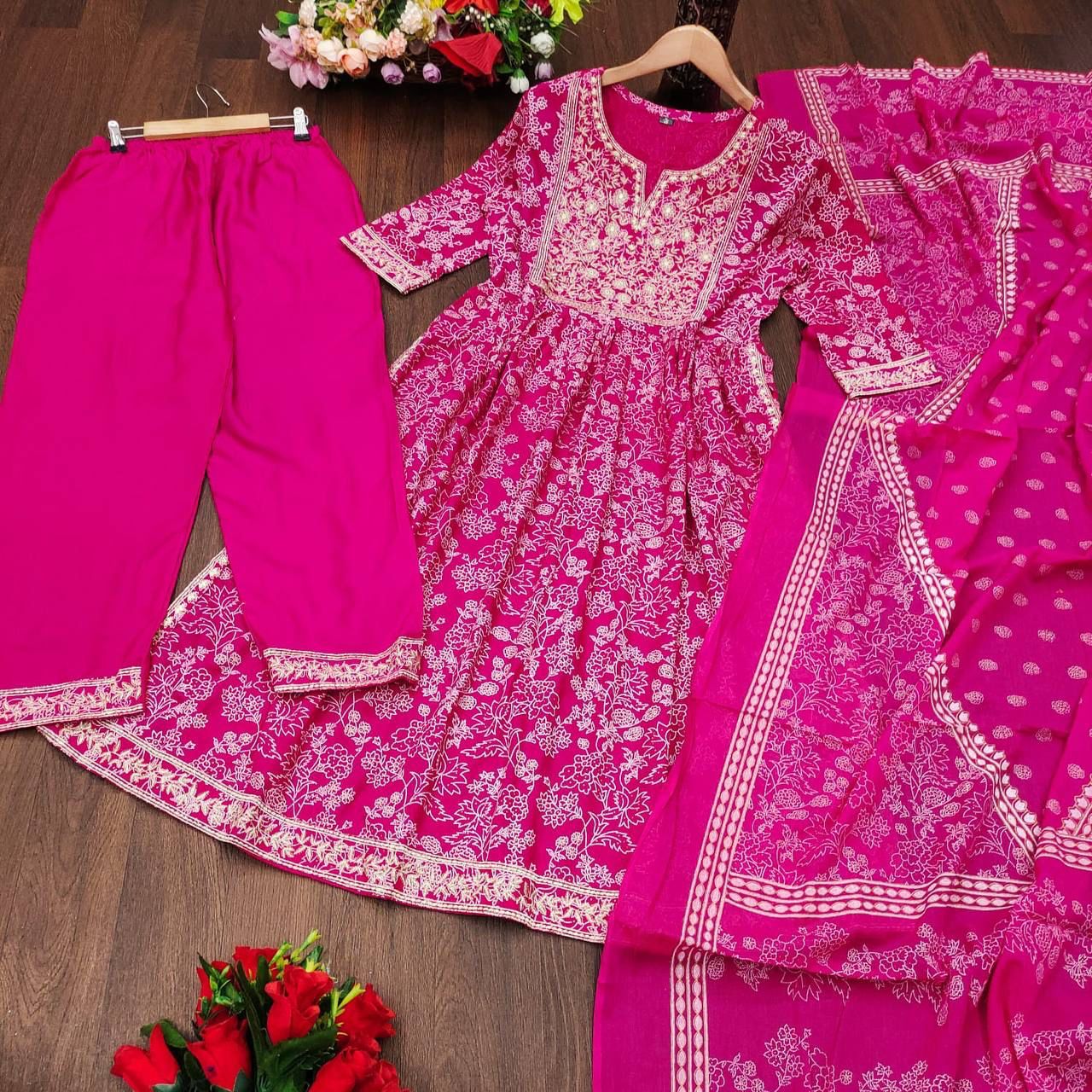 Rayon Anarkali Kurta Set With Printing and Embroidery