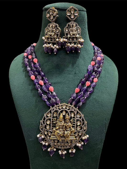 Victorian Finishing Shiva Parvati Temple Jewellery Set With Foil Stones