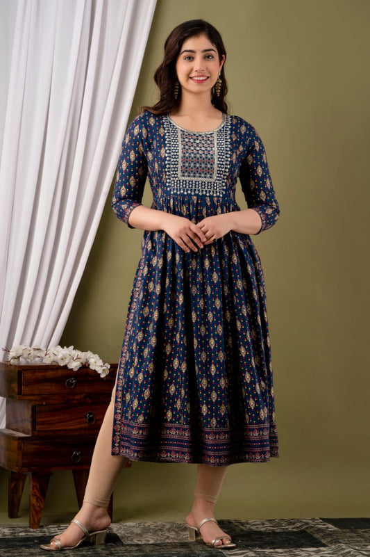 Soft Reyon Cotton Nayra Cut Kurti With Embroidery Work