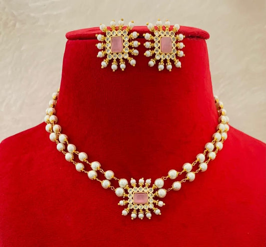 White Beads American Diamond Choker Necklace Set