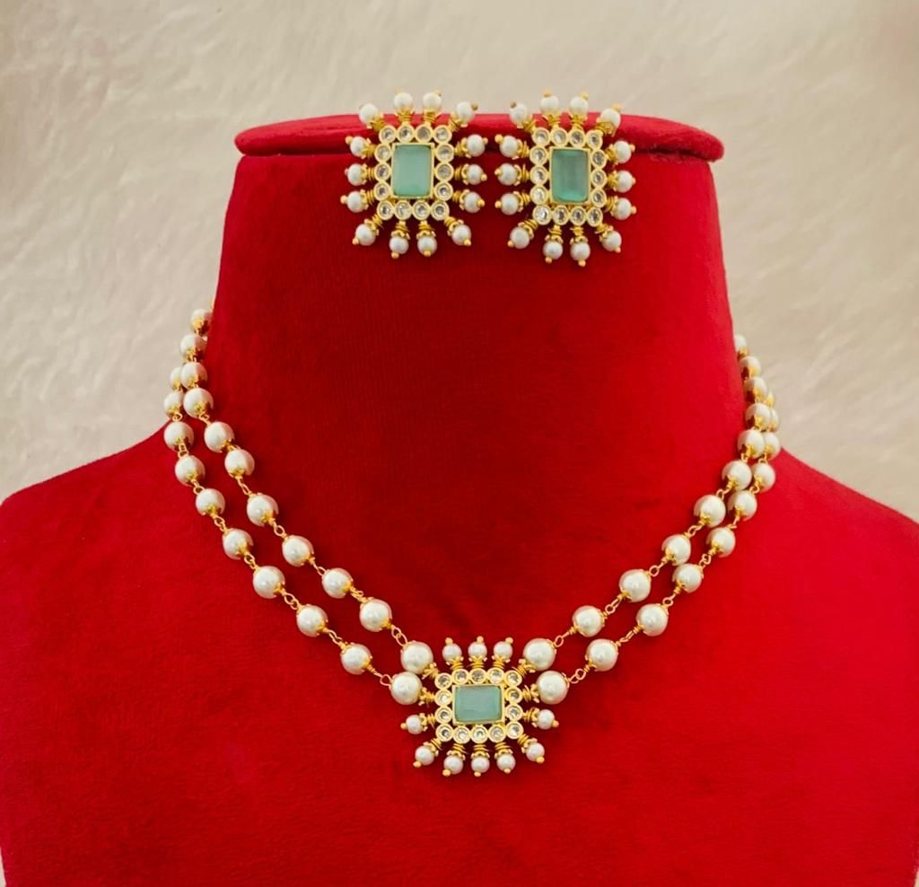 White Beads American Diamond Choker Necklace Set