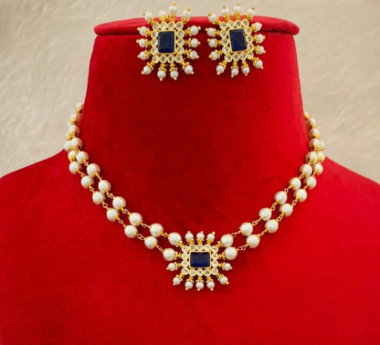 White Beads American Diamond Choker Necklace Set