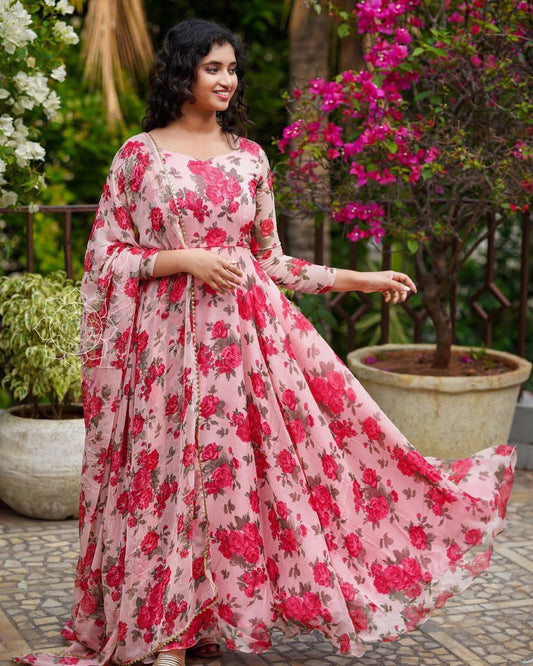 Soft Peach Pink Floral Printed Gown With Dupatta