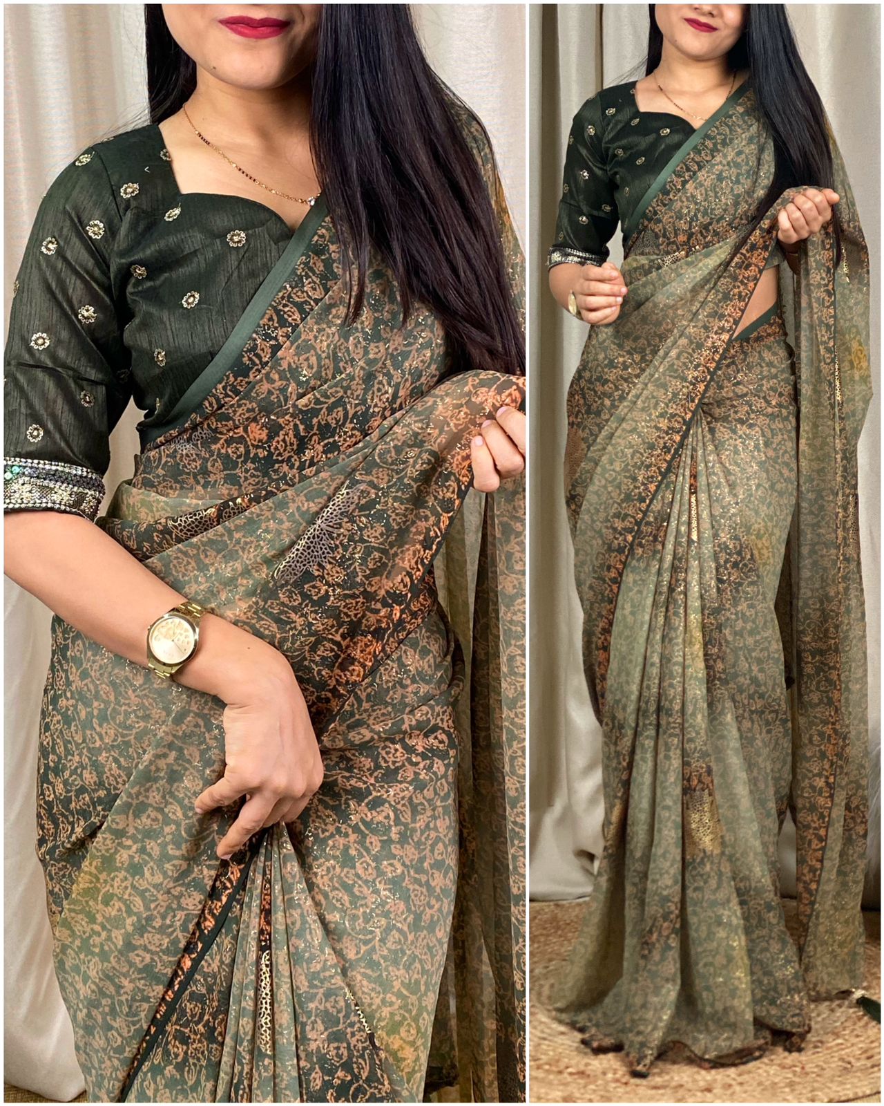 Soft Georgette Foil Printed Saree With Tussles Pallu