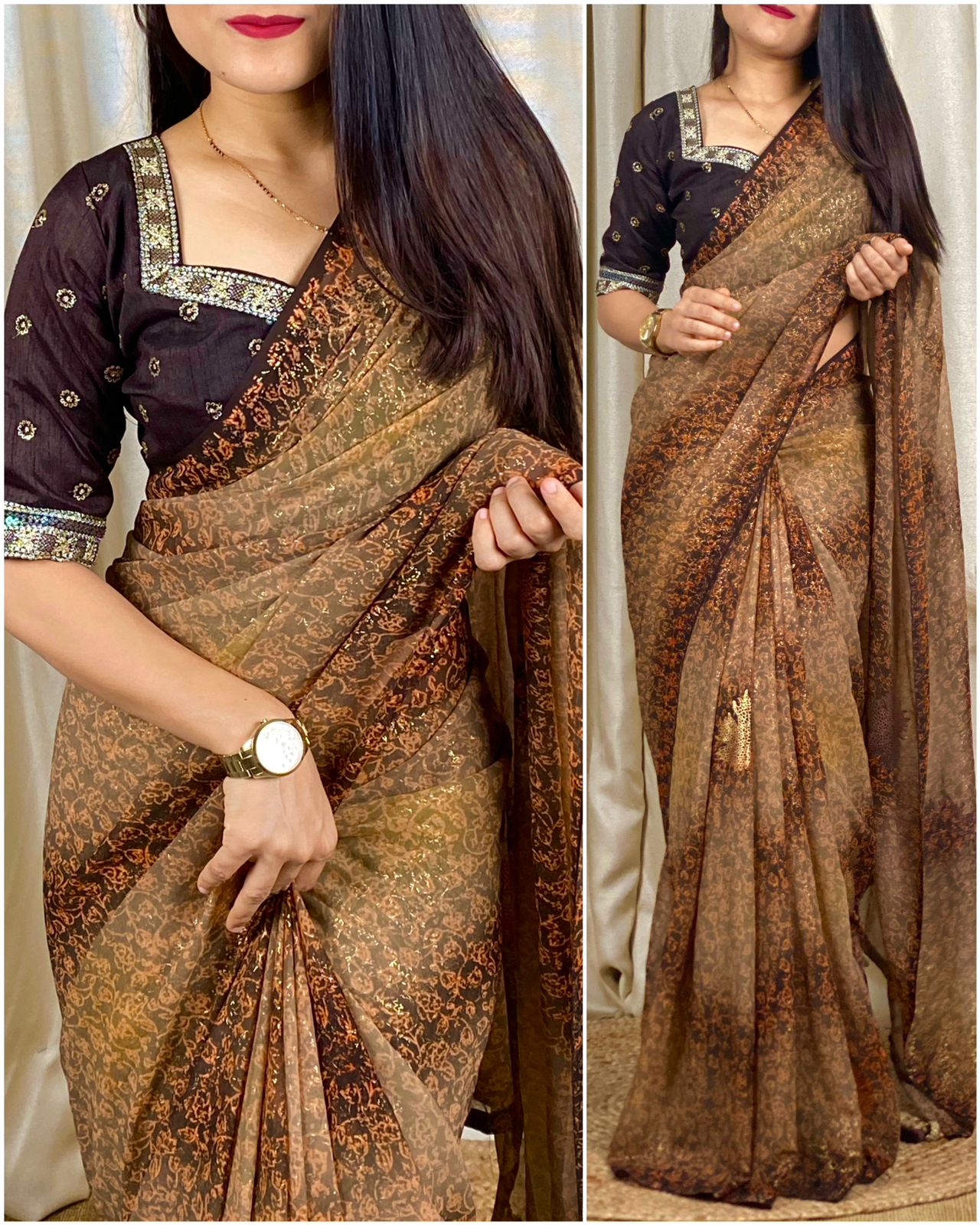 Soft Georgette Foil Printed Saree With Tussles Pallu