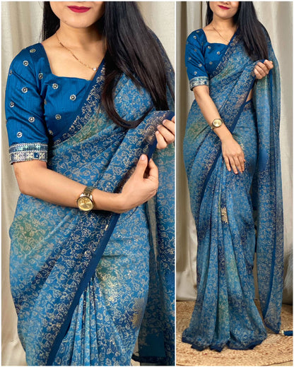 Soft Georgette Foil Printed Saree With Tussles Pallu