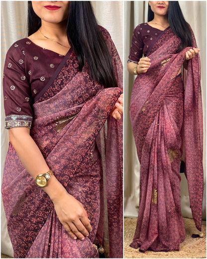 Soft Georgette Foil Printed Saree With Tussles Pallu