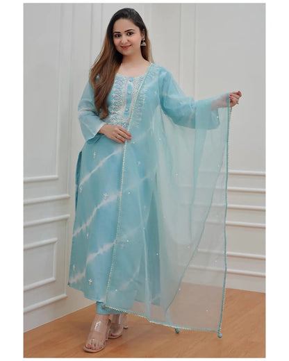 Sky Blue Soft Chanderi Silk Suit With Organza Dupptta