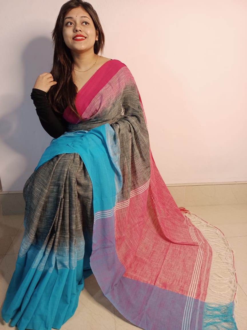 Soft Two Shade Pure Linen Saree With Blouse