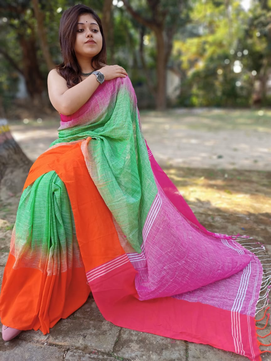 Soft Two Shade Pure Linen Saree With Blouse