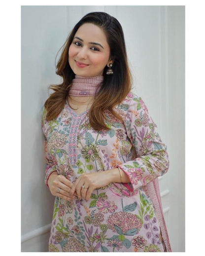 Pink Cotton Printed Kurti With Embroidered Duppatta