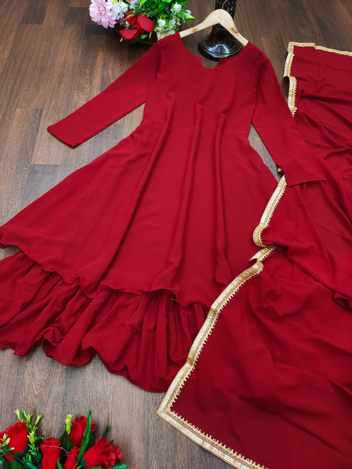 Red Double Flair Gown With Dupptta Set