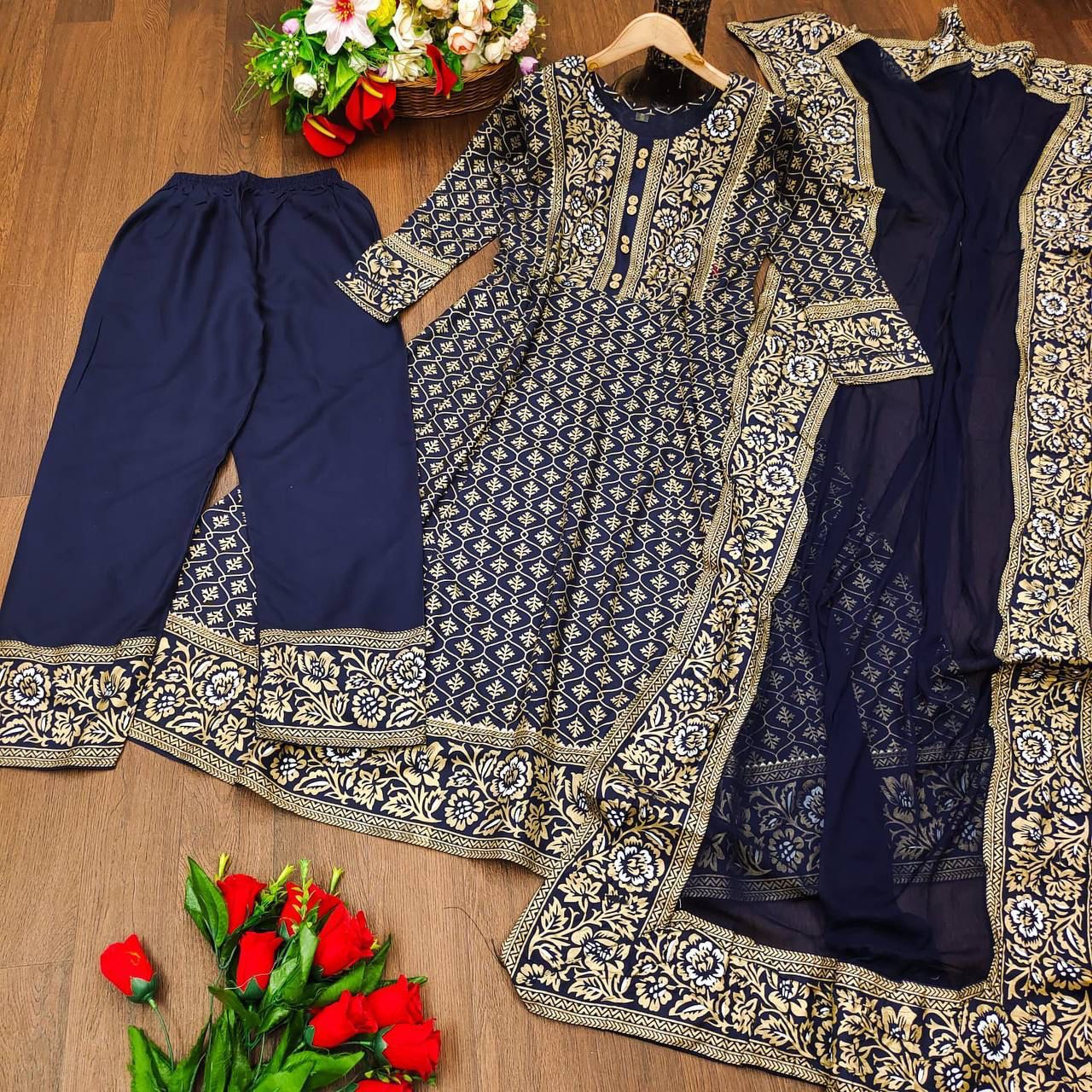 Rayon Printed Anarkali Gown and Pant and Duppatta Set