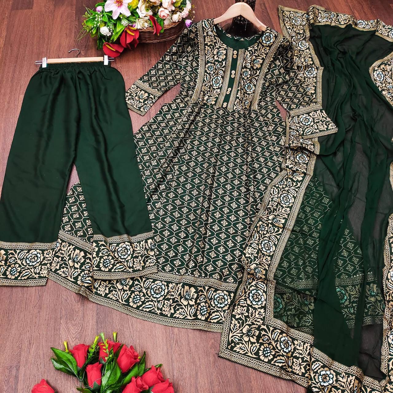 Rayon Printed Anarkali Gown and Pant and Duppatta Set