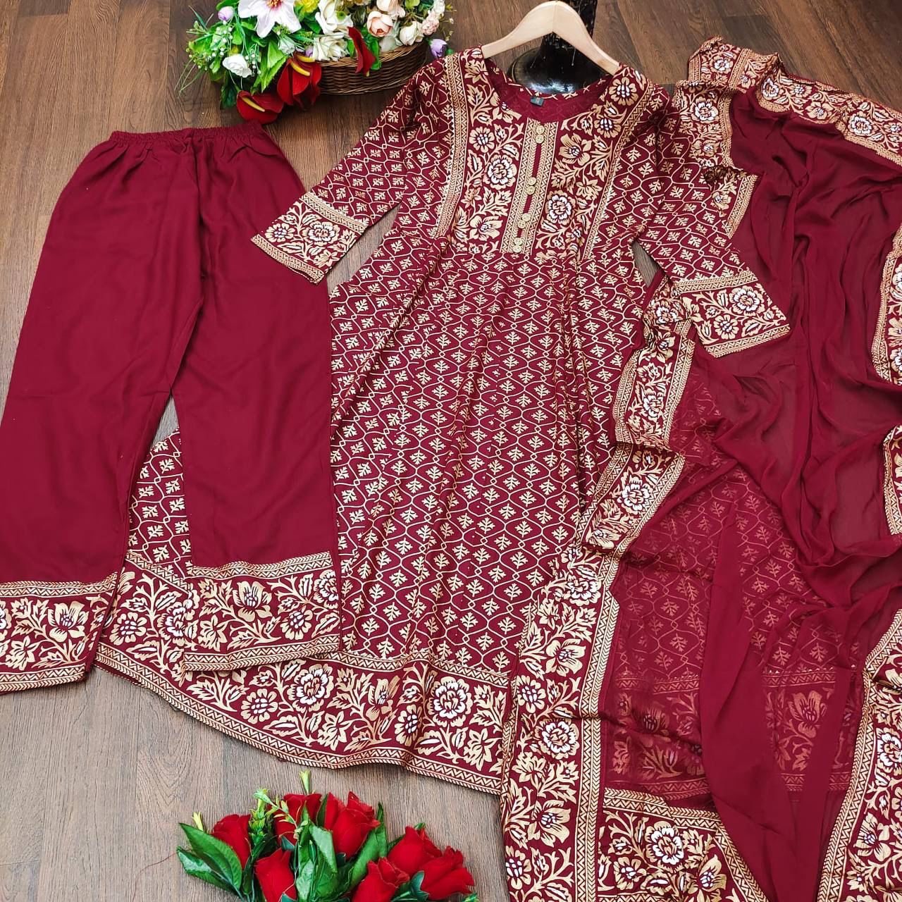 Rayon Printed Anarkali Gown and Pant and Duppatta Set