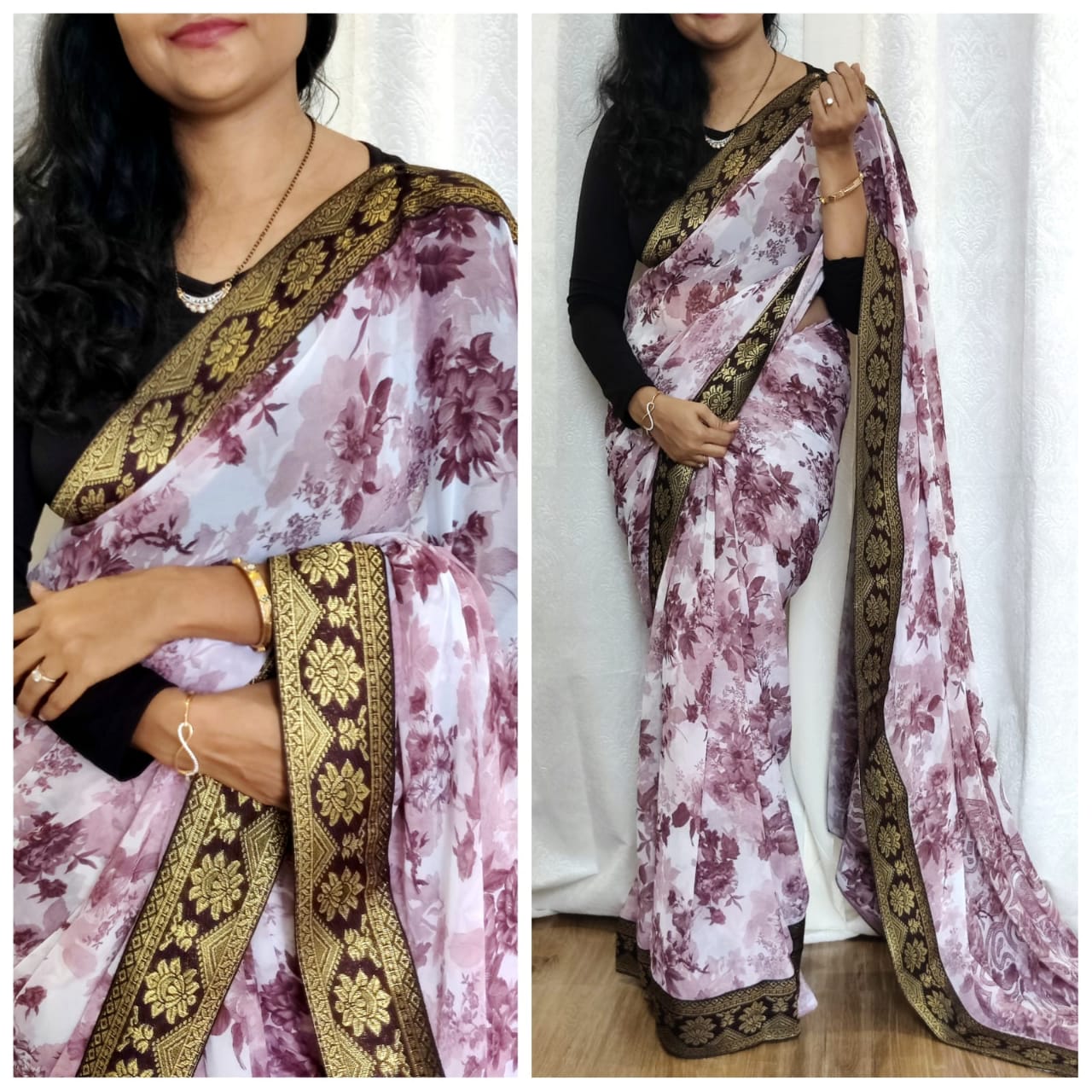 Soft Georgette Saree With Rapier Gold Zari Border