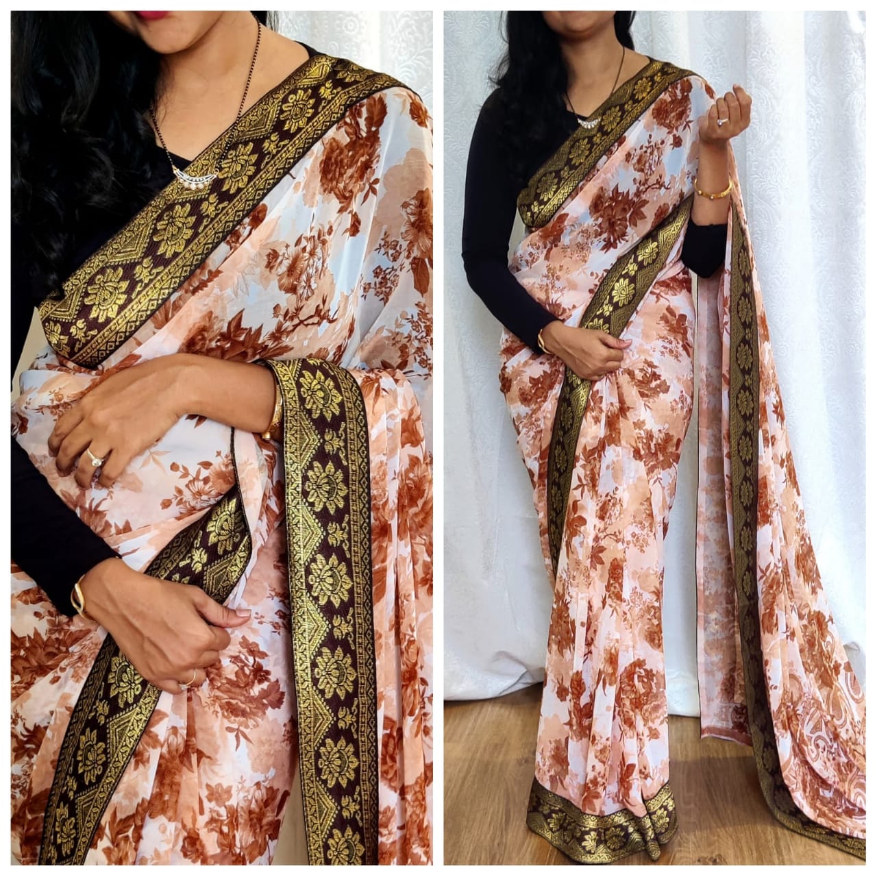 Soft Georgette Saree With Rapier Gold Zari Border