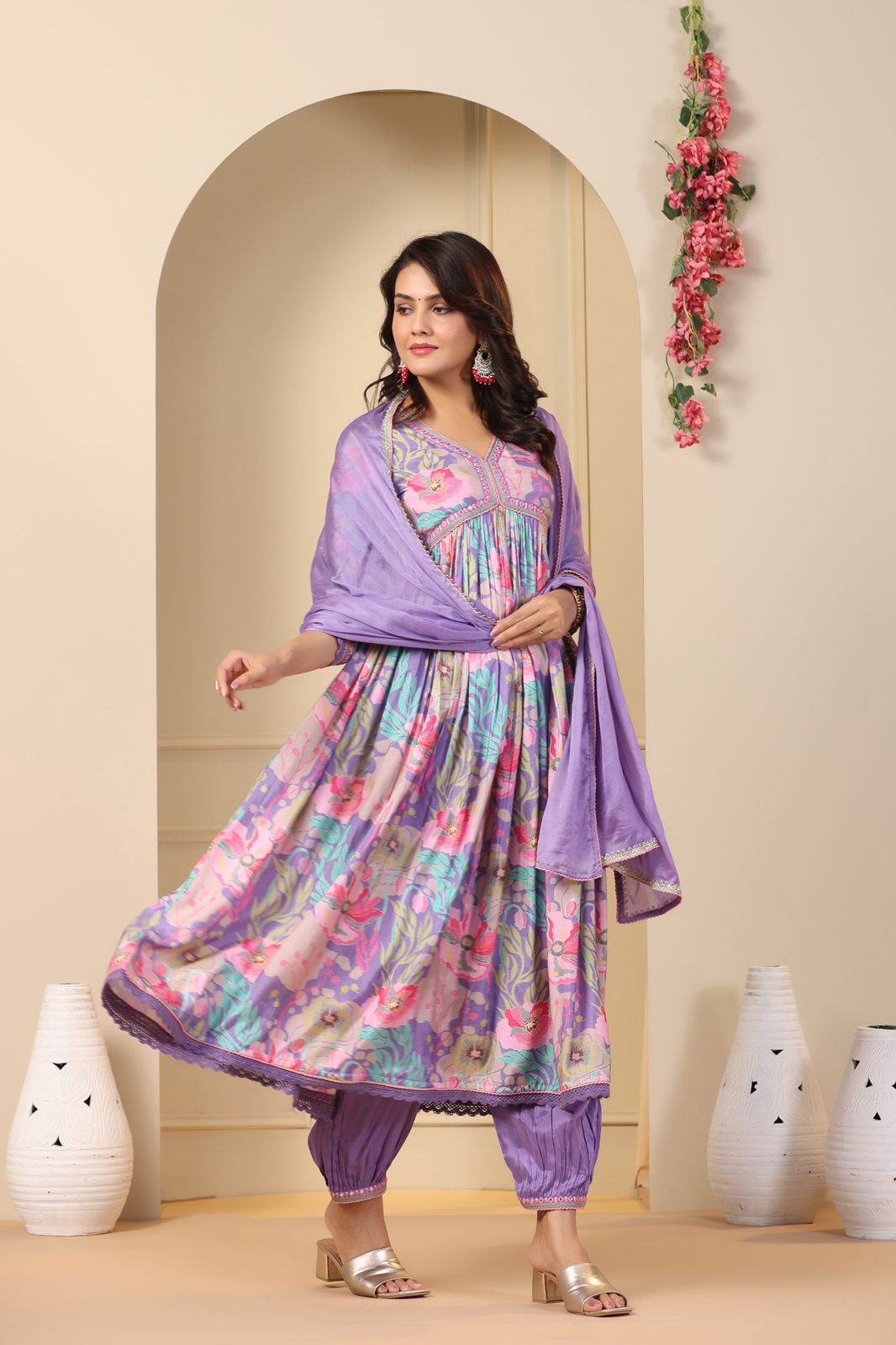 Muslin Alia Cut Suit With Hand Embroidery and Zari Weaving