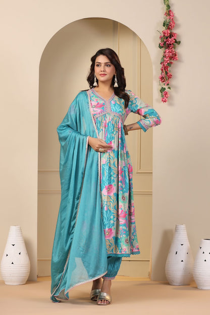 Muslin Alia Cut Suit With Hand Embroidery and Zari Weaving