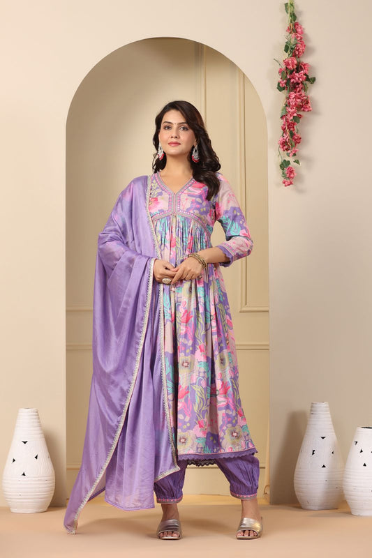 Muslin Alia Cut Suit With Hand Embroidery and Zari Weaving