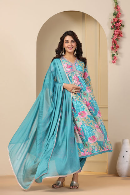 Muslin Alia Cut Suit With Hand Embroidery and Zari Weaving