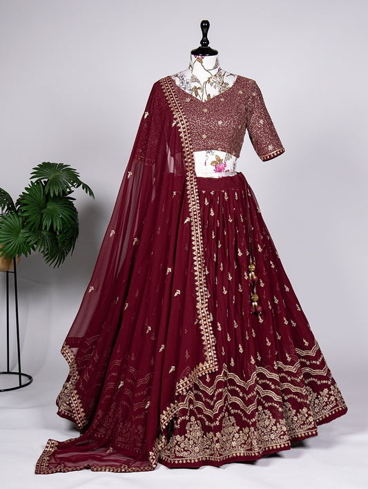 Soft Georgette Sequence Embroidery Thread Work Lehenga