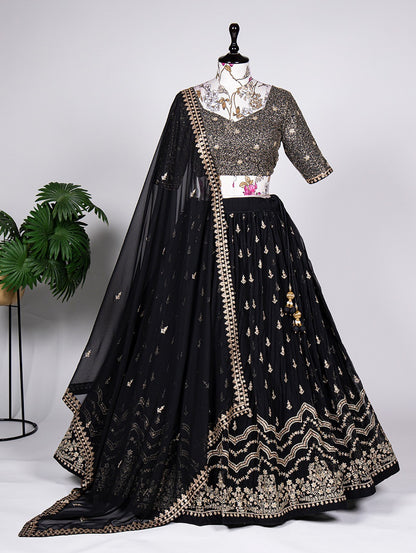 Soft Georgette Sequence Embroidery Thread Work Lehenga