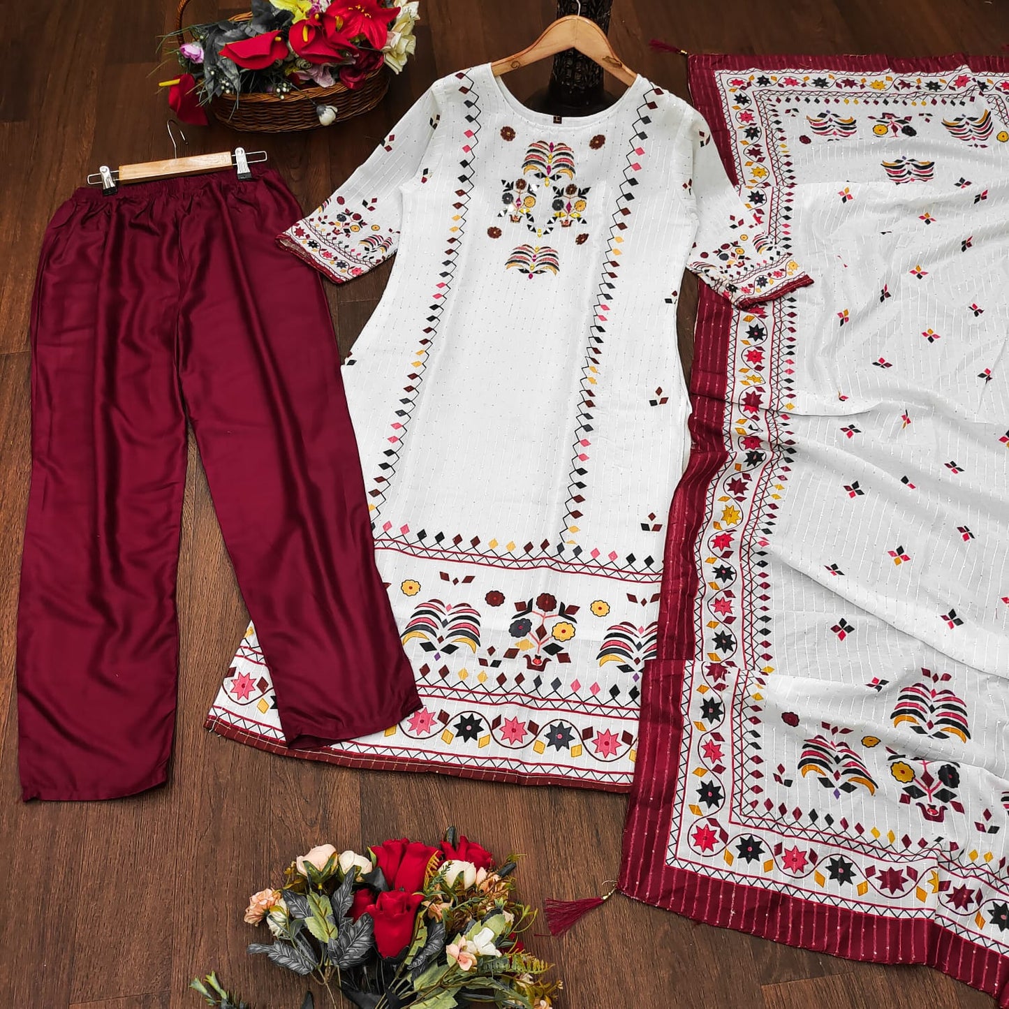 Printed Muslin Kurta Set With Handwork and Sequence Work