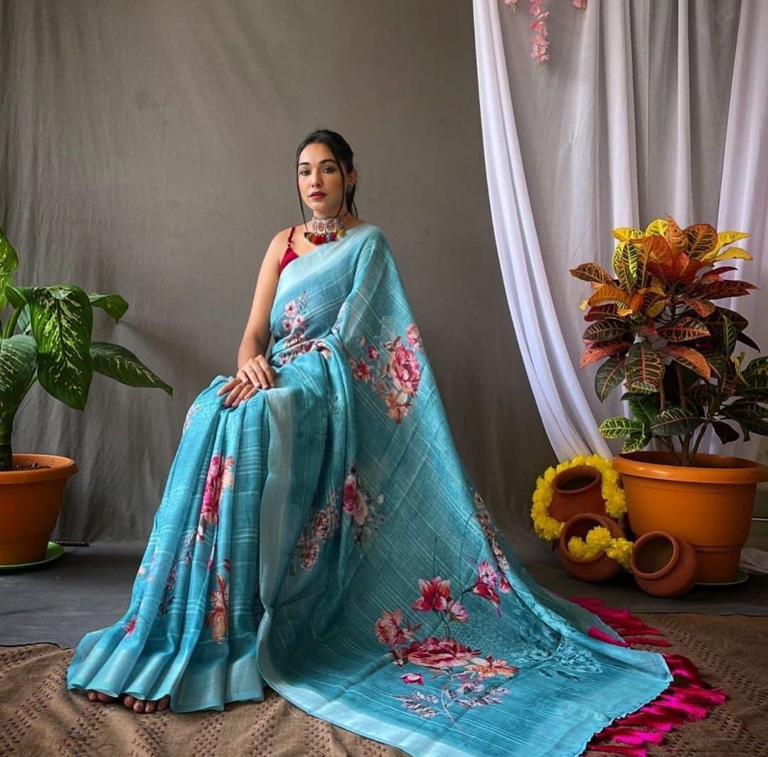 Linen Saree With Silver Zari Patta and Digital Print