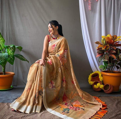 Linen Saree With Silver Zari Patta and Digital Print