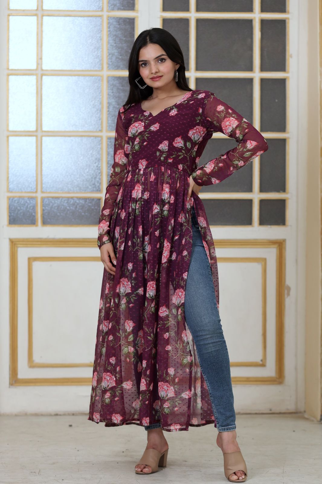 Soft Georgette Nyra Cut Kurti With Butti and Floral Digital Print