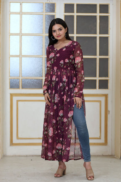 Soft Georgette Nyra Cut Kurti With Butti and Floral Digital Print