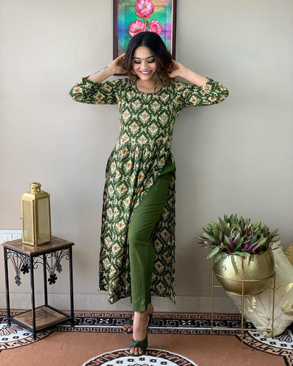 Green Soft Nayra Cut Kurti Pant Set With Printed Work
