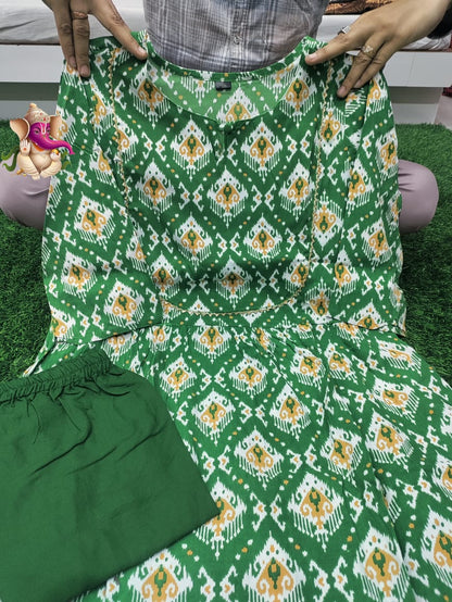 Green Soft Nayra Cut Kurti Pant Set With Printed Work